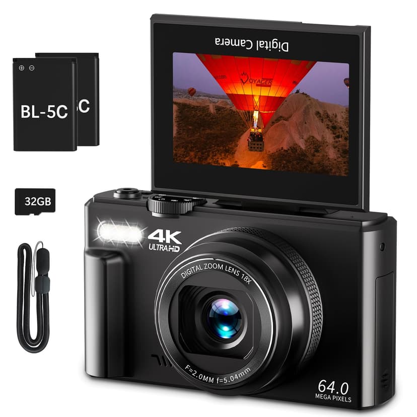 4K Digital Camera for Photography, 64MP Vlogging Camera for YouTube with 3" 180° Flip Screen, 18X Digital Zoom Point and Shoot Camara with 32GB Micro SD Card for Beginner (Black)