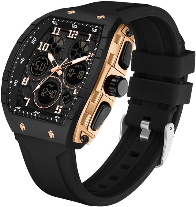 findtime Watches for Men Relojes para Hombres Rose Gold Black Wristwatch with Digital Analog Dual Time Display Countdown Stopwatch Punk Cool Design 5ATM Waterproof Mens Watch