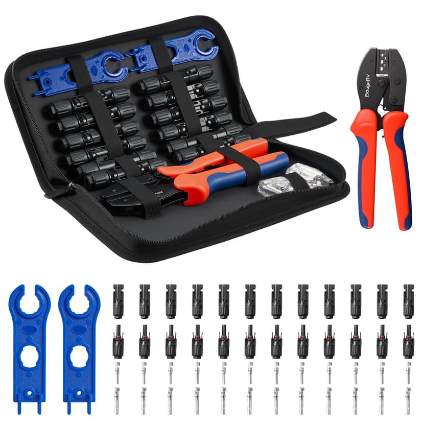 BougeRV Solar Crimper Tool Kit - Crimper, 12 Pairs Connectors, 2 Spanner Wrench for 14-10 AWG Solar Panel Cable Wire Crimping PV Assembly and Installation