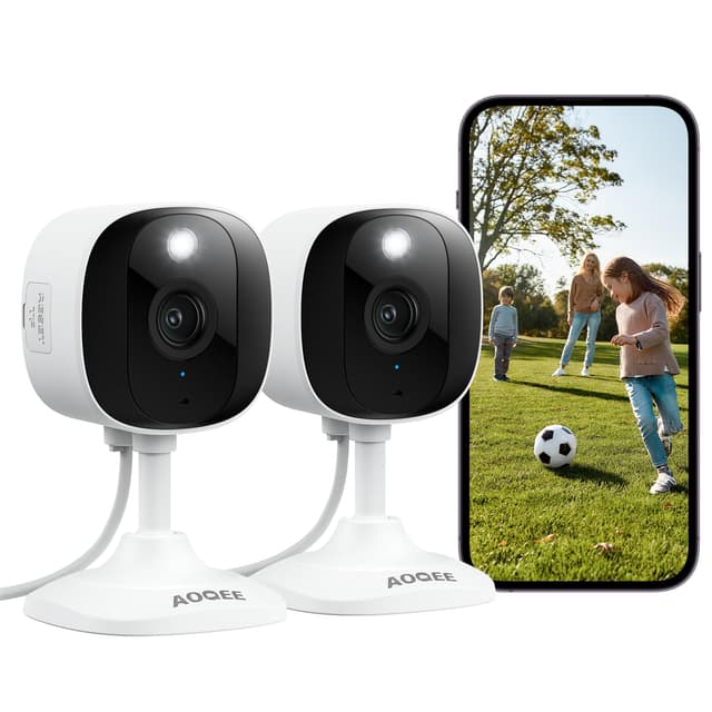 AOQEE 2K Cameras for Home Security-Outdoor/Indoor Camera for Dog/Cat/Pet/Nanny/Baby/Elderly, Color Night Vision, White Light, Siren, 24/7 SD Recordings, Works with Alexa, Plug in (C1-White-2pack-2.4G)