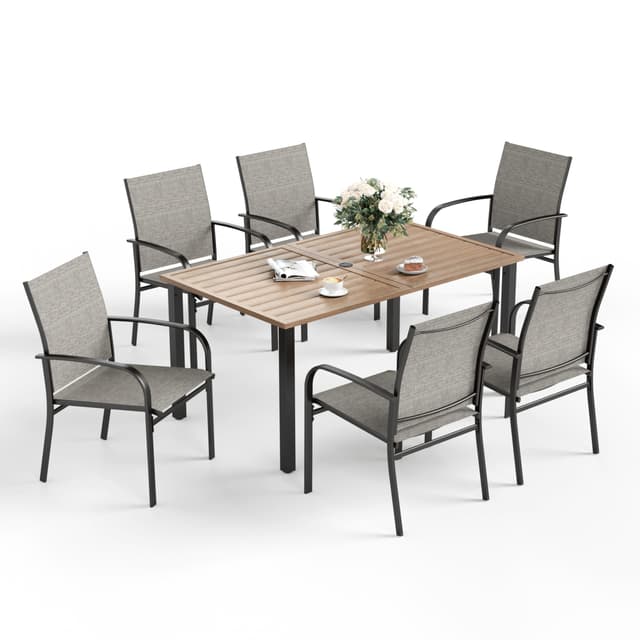 SUNSHINE VALLEY 7 PCS Patio Dining Set for 6, Rectangular Wood-Like Metal Table with Umbrella Hole and 6 Chairs, Outdoor Table and Chairs for Lawn Garden Backyard and Deck, Brown