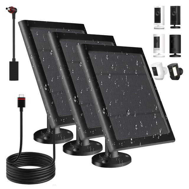 Solar Panel for Ring Camera(2nd Generation) Dustproof Waterproof 5W Solar Panel with 10FT/3M Long Cable for Stick Up & Pro Spotlight Cam Battery for Security Camera 3 Pack-BK