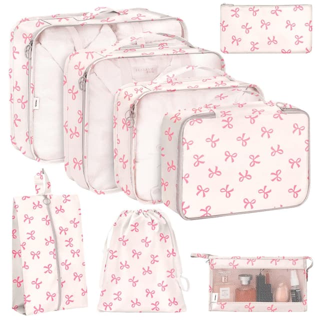 KPX 8 Set Packing Cubes for Travel, Luggage Packing Organizers Accessories Large Toiletries Bag for Clothes Shoes Cosmetics (8Set-Pink Bow)