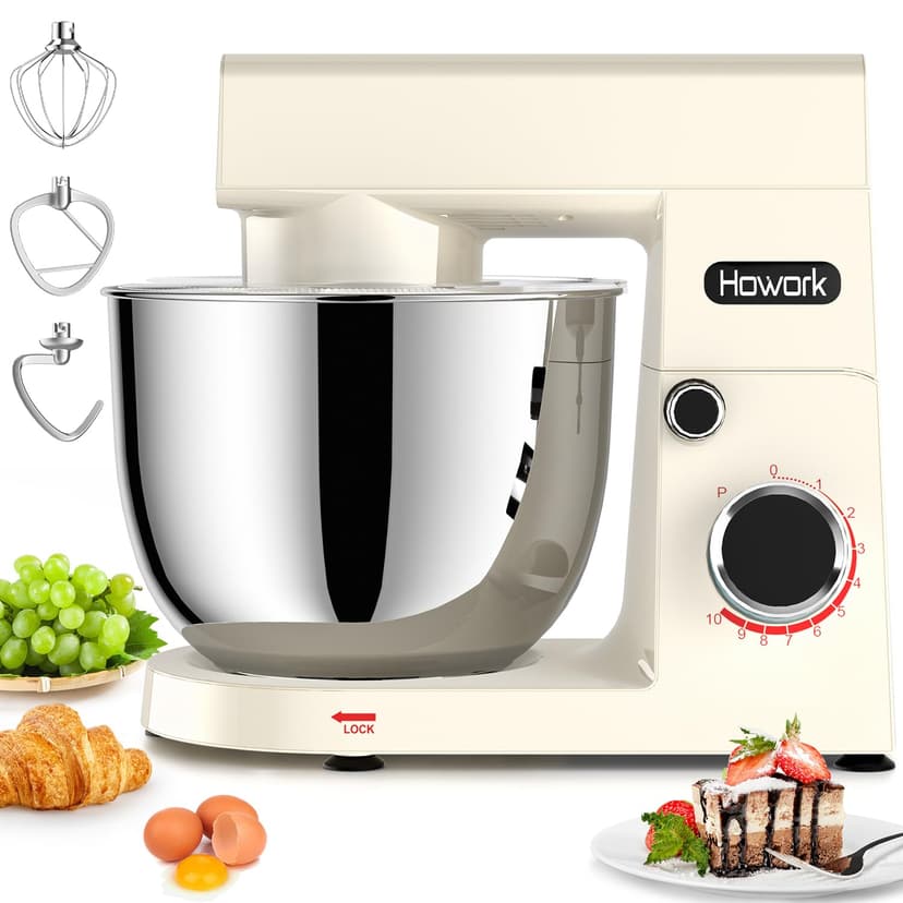 HOWORK Stand Mixer,10+p Speeds With 5.5QT Stainless Steel Bowl,Dough Hook, Wire Whip & Beater,for Most Home Cooks,Cream White