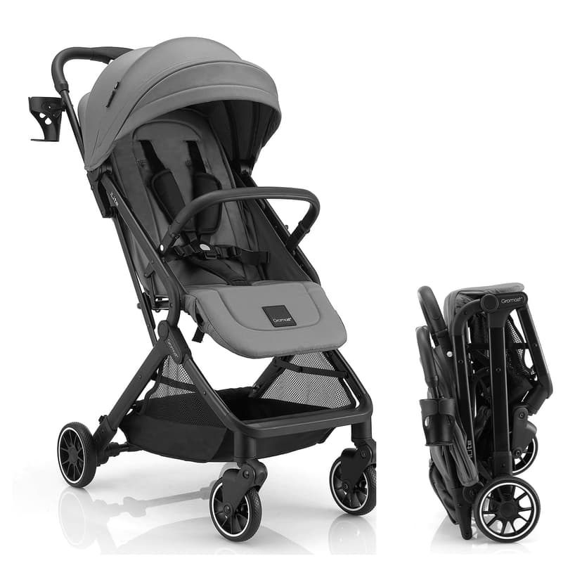 Gromast Compact Fold Baby Stroller, Lightweight Travel Toddler Stroller with One-Click Fold, Extendable UPF50+ Canopy, Cup Holder, UV Protected and Waterproof, One-Hand Folding - Gray