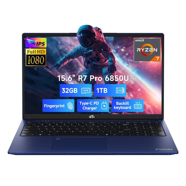 NIMO 15.6" FHD Light-Gaming-Laptop, 8 Cores AMD Ryzen 7 Pro 6850U 32GB LPDDR5 RAM 1TB SSD (Beat i7-1360P Up to 4.7GHz) GPU AMD Radeon 680M IPS Computer with 100W Type-C Backlit Keyboard Fingerprint