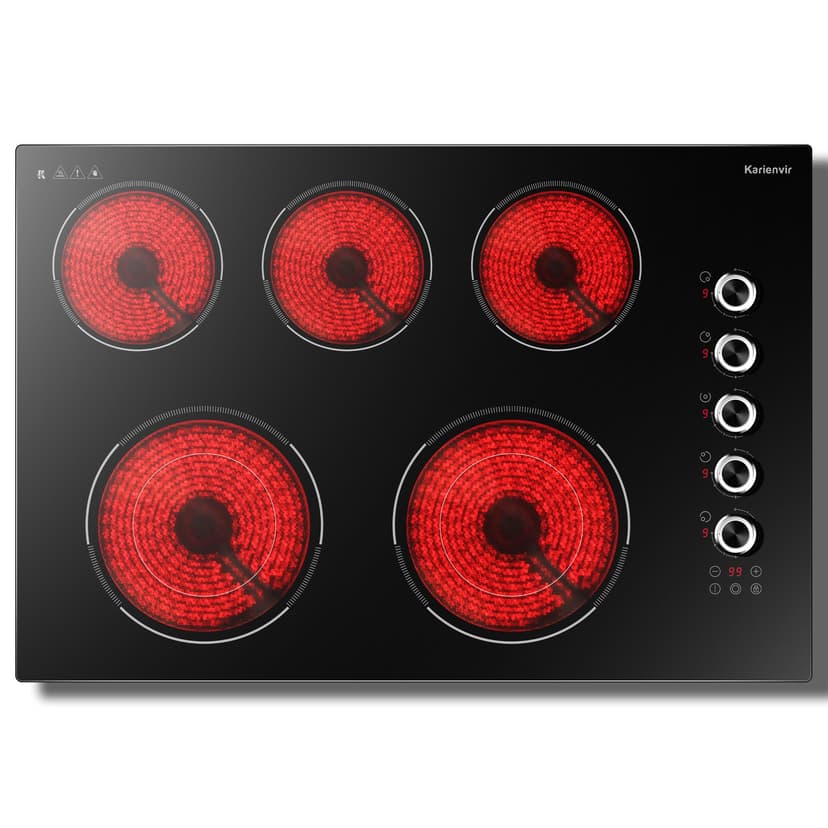 30 Inch Electric Cooktop 5 Burner Karienvir, 8600W Built-in Electric Stove Top, Cooktop 30" with Double-ring Burner, Knob & Touch Control, 9 Power Levels, Timer, Safety Lock, 220V-240V Hard Wire