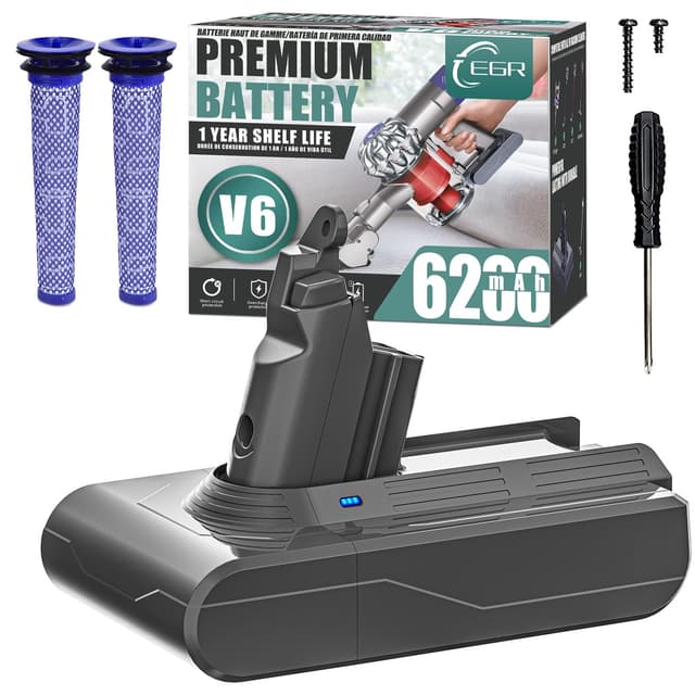 EGR Upgrade 6200mAh 21.6V V6 Battery Replacement Compatible with Dyson V6 Animal/Absolute/Motorhead/Fluffy DC58 DC59 DC61 DC62 DC72 DC74 SV03 SV04 SV05 SV06 Cordless Vacuum Cleaner. (Not Fit V7, V8)