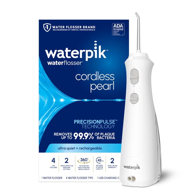 Waterpik Cordless Pearl Rechargeable Portable Water Flosser for Teeth, Gums, Braces Care and Travel with 4 Flossing Tips - ADA Accepted, WF-13 White, Packaging May Vary