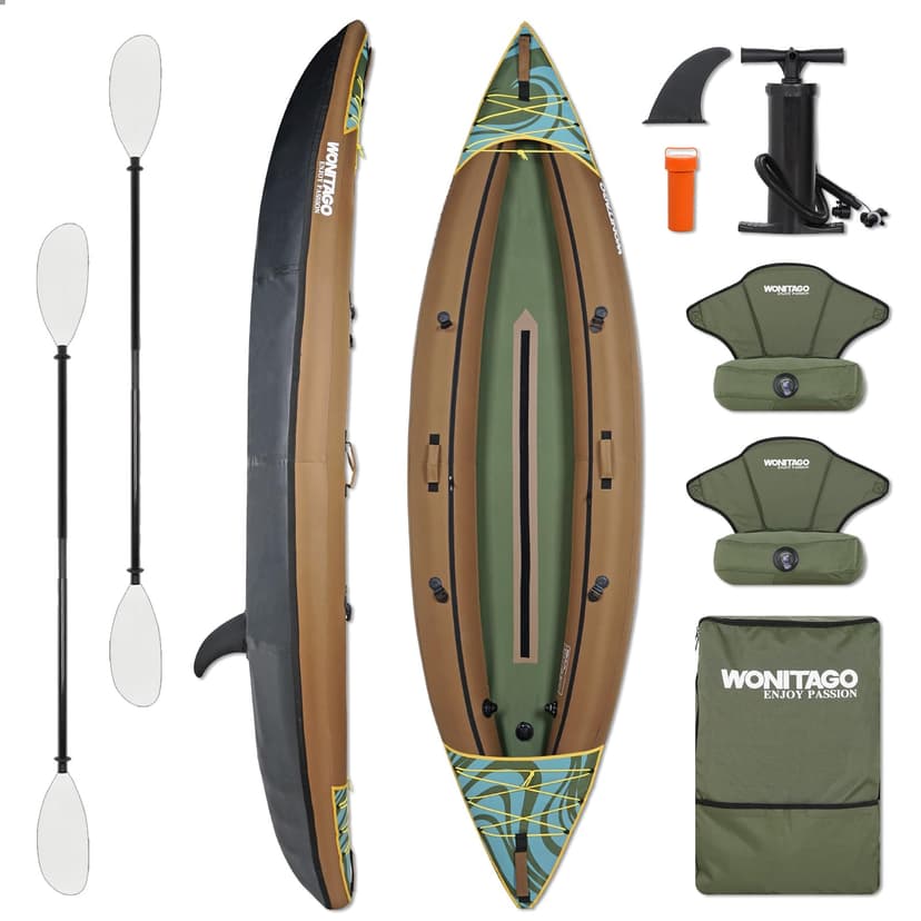 WONITAGO Inflatable Kayak, Recreational Touring Kayak with Adjustable Kayak Paddle, Hand Pump and Carrying Bag, 2 Person, Brown