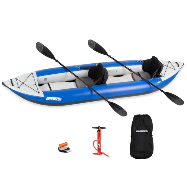 Sea Eagle 380X 12'6" Explorer Inflatable Kayak- Fishing, Touring, Camping, Exploring &White Watering-Self Bailing, Removable Skeg, Drop Stitch Floor (2 Person Pro w/Carbon Paddle)