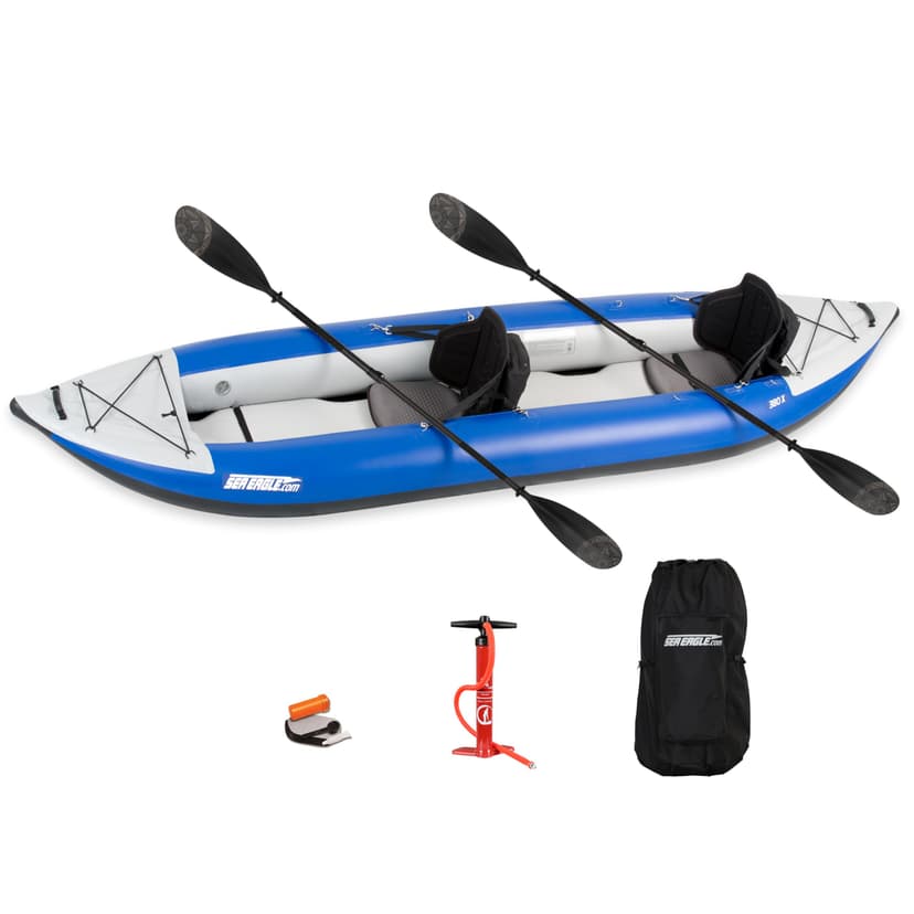 Sea Eagle 380X 12'6" Explorer Inflatable Kayak- Fishing, Touring, Camping, Exploring &White Watering-Self Bailing, Removable Skeg, Drop Stitch Floor (2 Person Pro w/Carbon Paddle)