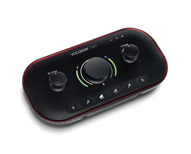 Focusrite Vocaster Two — Podcasting Interface for Recording Host and Guest. 2 Mic Inputs and Headphone Outputs, with Auto Gain, Enhance, and Mute. Small, Lightweight, and Powered by Computer