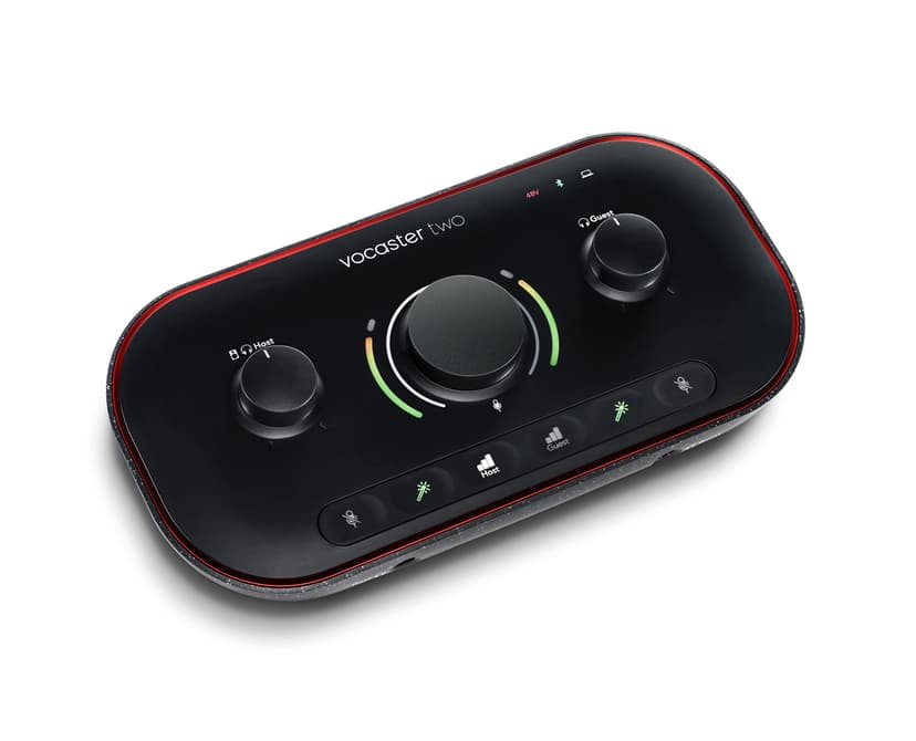 Focusrite Vocaster Two — Podcasting Interface for Recording Host and Guest. 2 Mic Inputs and Headphone Outputs, with Auto Gain, Enhance, and Mute. Small, Lightweight, and Powered by Computer