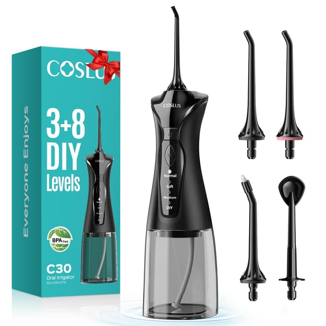 COSLUS Water Dental Flosser Pick for Teeth C30(FC5360): 4 Modes Cordless Portable 300ML Larger Tank Water Teeth Cleaner IPX7 Waterproof Flossing Cleaning Picks for Home Travel Black