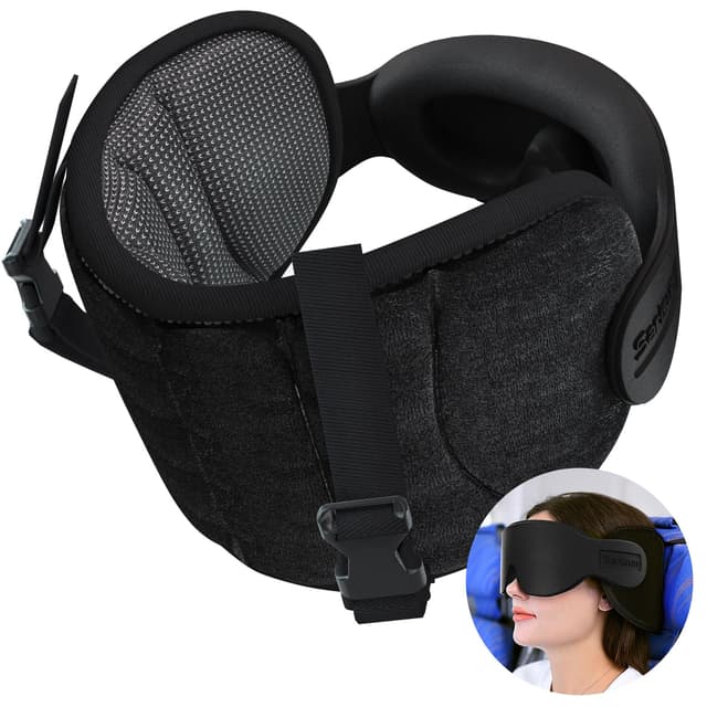 SARISUN Travel Pillows for Airplanes, Airplane Pillow for Long Flight Car Road Trip, Airplane Head Strap with Sleep Eye Mask, 360° Support Headrest, Stop Bobblehead Travel Neck Pillow, Mottled Black