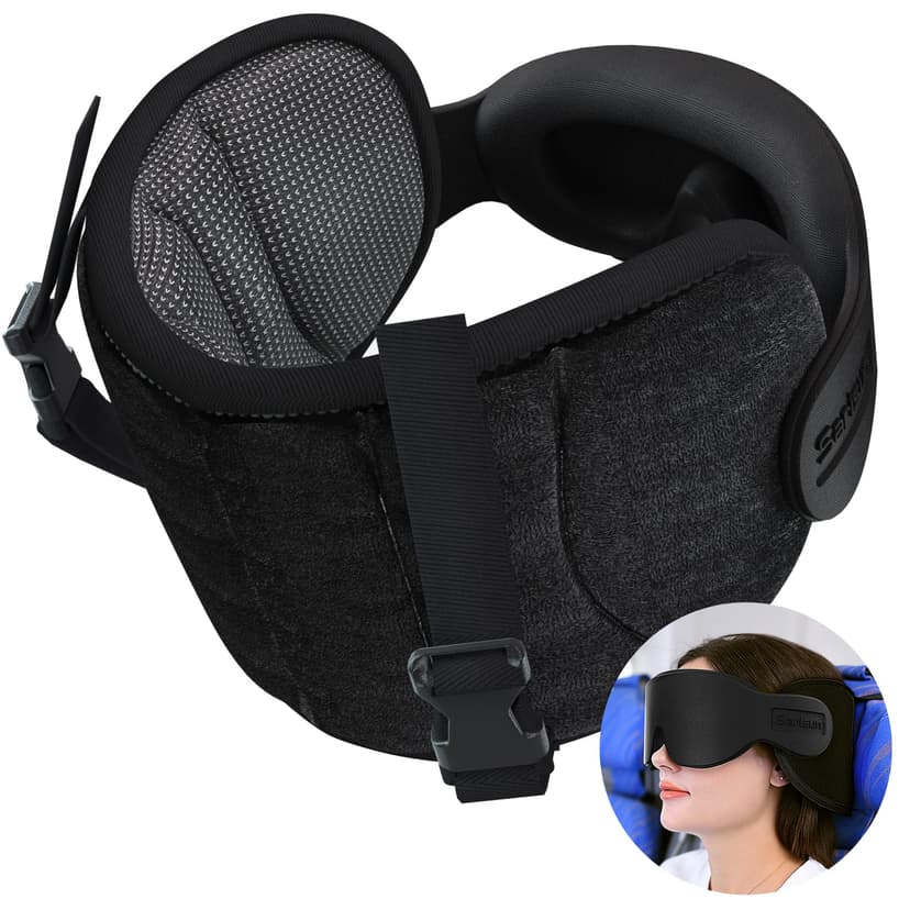 SARISUN Travel Pillows for Airplanes, Airplane Pillow for Long Flight Car Road Trip, Airplane Head Strap with Sleep Eye Mask, 360° Support Headrest, Stop Bobblehead Travel Neck Pillow, Mottled Black