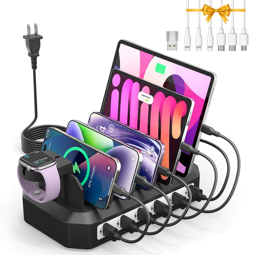 Charging Station for Multiple Devices: 6 Port USB Charger Stations - Family Multi-Device Organizer Charging Dock - Safer Designed for iPhone iPad Android Cell Phone Tablet(6 Cables Included)