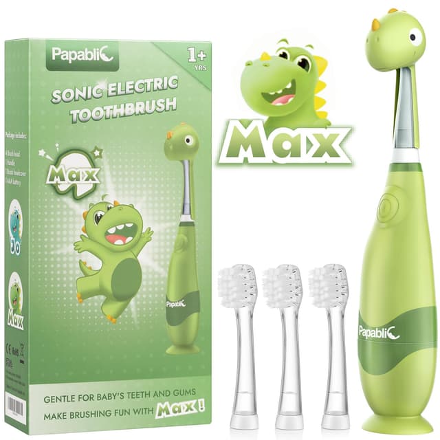 Papablic Toddler Sonic Electric Toothbrush Kids for Ages 1-3 Years, Baby Electric Toothbrush with Cute Dino Cover and Smart LED Timer, 4 Brush Heads (Max)