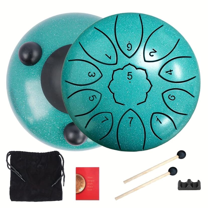 11-Note Steel Tongue Drum - 6 Inch Rain Drum for Garden Outside with Engraved Notes, Carry Bag, Mallets & Music Book(Green)