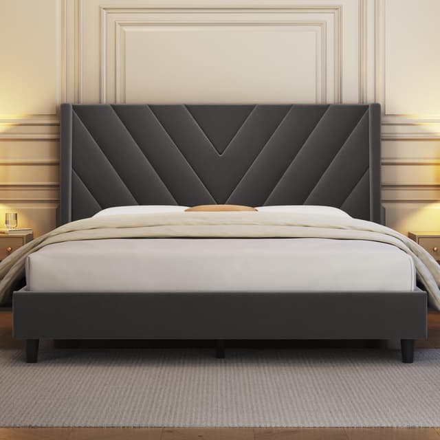 Yaheetech Queen Bed Frame Upholstered Platform Bed with Wing Side/Wooden Slat Support/Tufted Headboard with Wing Side/Mattress Foundation/No Box Spring Needed,Dark Gray Queen Bed