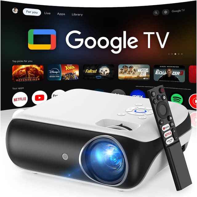 Official Licensed Google TV Smart Projector, HAPPRUN 4K UHD Home Theater with Dolby Sound, Wi-Fi & Bluetooth, Built-in Streaming Apps, Compatible with Games Consoles & Smartphone, Indoor & Outdoor Use