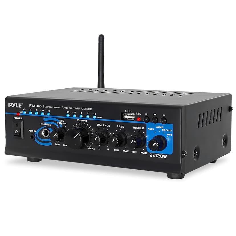 Pyle Power Amplifier with Bluetooth - 2x120 Watt - 2 Channel Stereo Receiver w/ USB-A, Rear 1/4 inch Mic Input, Mix / Mic Switch, RCA IN, LED Level Meter, For Public Address, Home, Office - PTAU45.5