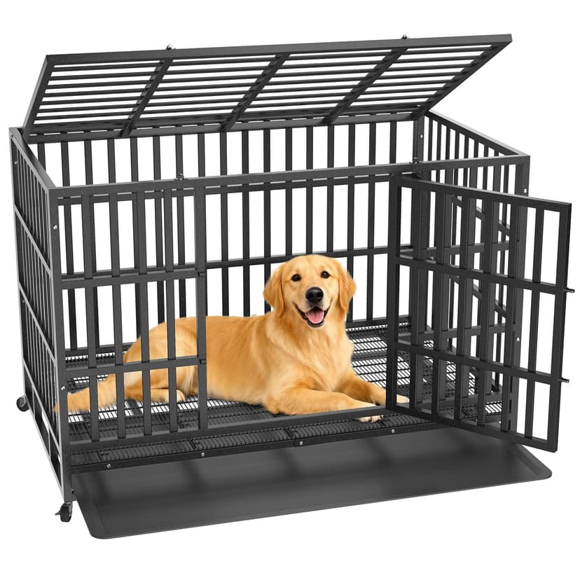 Hiwokk 48 Inch Heavy Duty Dog Crate, Indestructible Escape-Proof Dog Kennel for High Anxiety Large Dogs, Strong Metal Pet Cage with Double Doors, Lockable Wheels & Removable Tray, XL XXL XXXL
