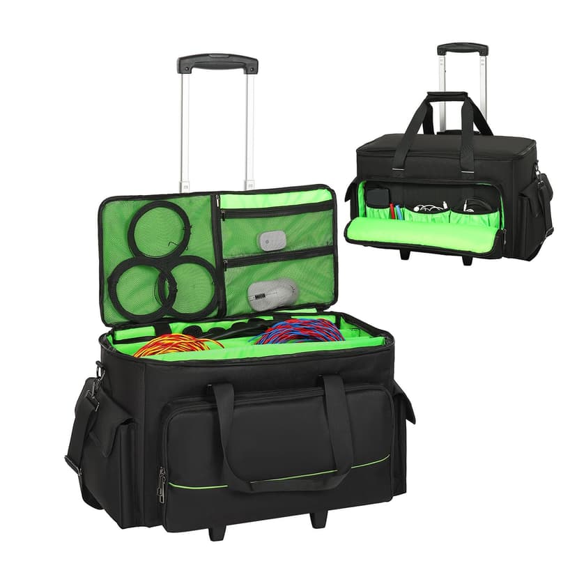 Large Rolling DJ Cable Bag, Green Padded Gig Bag with Detachable Trolley & Divider, 600D Oxford Music Gear Case with Multi Pockets for 15.6" Laptop, DJ Cables, Microphones, Sound Equipment Storage