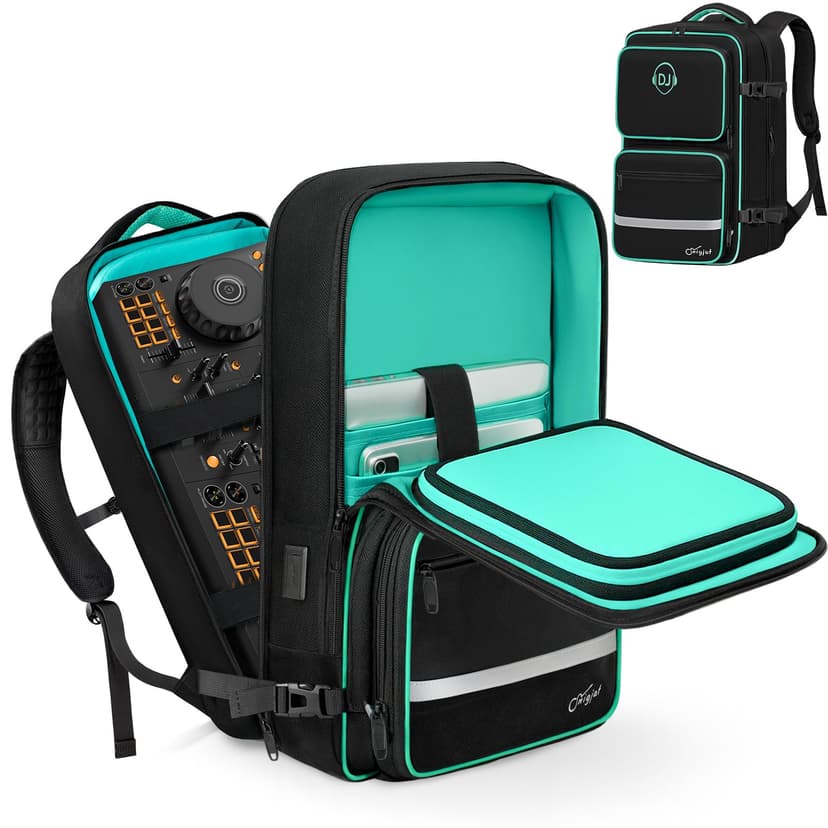 SNIGJAT DJ Controller Case for DDJ-FLX4/ DDJ 400/ DDJ-REV1/ DDJ-SB3, Padded DJ Backpack with USB Charging Port, DJ Controller Bag with Multi-pocket for 15.6" Laptop, Headphones, Cables, DJ Accessories