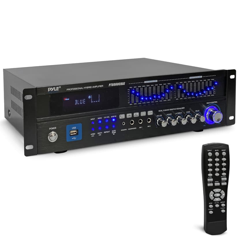 Pyle Bluetooth Hybrid Home Amplifier - 6-Channel 2000W Rack Mount Power Amplifier Receiver w/ Radio - Dual 10 Band EQ, Karaoke Microphone x2, USB, RCA, COAX, OPT, DVD Inputs, HiDef Input and Output