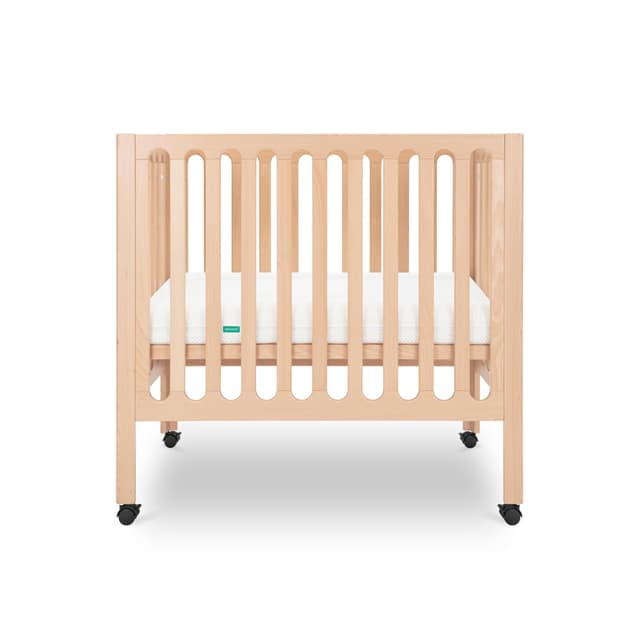 Newton Baby Galileo Mini Crib Solid Beech Wood with Wheels in Natural Color, Mini Crib Mattress Included, Adjustable Mattress Height, Ultra-Safe Non-Toxic Finish