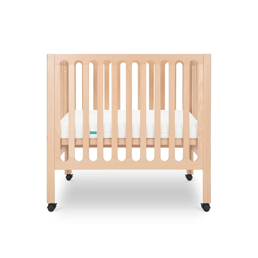 Newton Baby Galileo Mini Crib Solid Beech Wood with Wheels in Natural Color, Mini Crib Mattress Included, Adjustable Mattress Height, Ultra-Safe Non-Toxic Finish