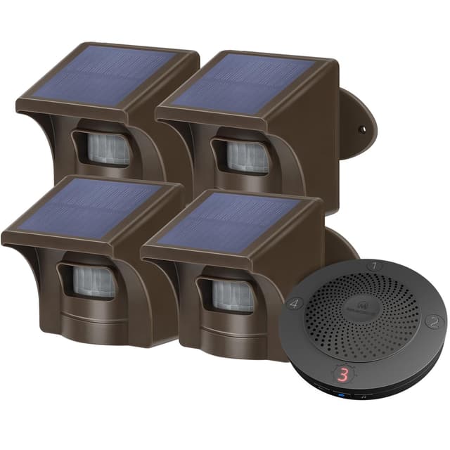 eMACROS Solar Wireless Driveway Alarm — 1/2 Mile Long Range Motion Sensor for Long Driveways, Homes & Large Properties, Outdoor Weatherproof Security Alert System (1 Base Station with 4 Sensors)