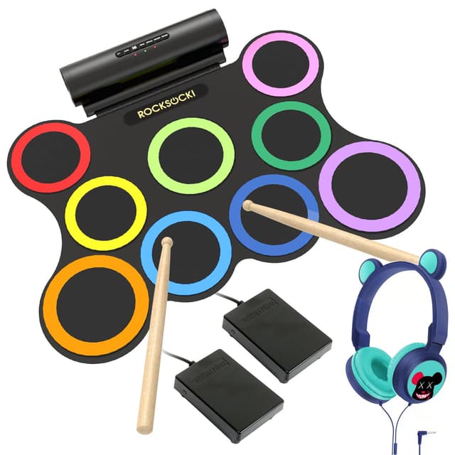 ROCKSOCKI Electric Drum Set 9-Pad With Headphone, Bigger Roll-up Drum Pad USB MIDI Game, Built-in Speaker, Drum Sticks, Foot Pedals 10 Hours Playtime Holiday Xmas Birthday Gift for Kids