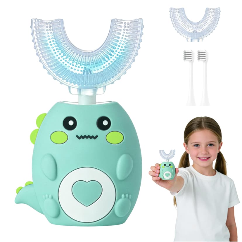 Kids Electric U Shaped Toothbrush, Sonic Automatic Toothbrush Kids with 4 Brush Heads, 3 Cleaning Modes, Cartoon Dinosaur IPX7 Waterproof 360º Round Toddler Electric Toothbrush(Green, Ages 2-12)