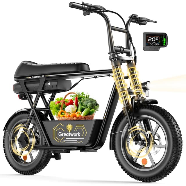 GREATWORK Peak 1200W Electric Scooter with Seat, 480Wh Removable Battery, Max 30 Miles Range, 20MPH Top Speed, 16x3.0 Fat Tire Motorcycle Style E Scooter for Adults with Basket