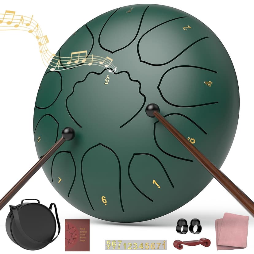 Rain Drum for Outside Garden, 8 Inches 11 Notes Steel Tongue Drum, Waterproof Meditation Rain Chime, Musical Instruments for Adult Gift with Bag, Music Book, Mallets (Green)