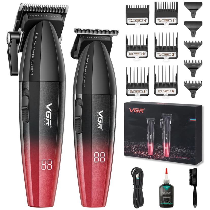 VGR 640 Professional Hair Clippers for Men, 9000RPM Cordless Barber Clippers and Trimmers Set, Zero Gap T-Blade Hair Cutting Kit, DLC Coated Ceramic Blade Barber Kit with LED Display(Red)