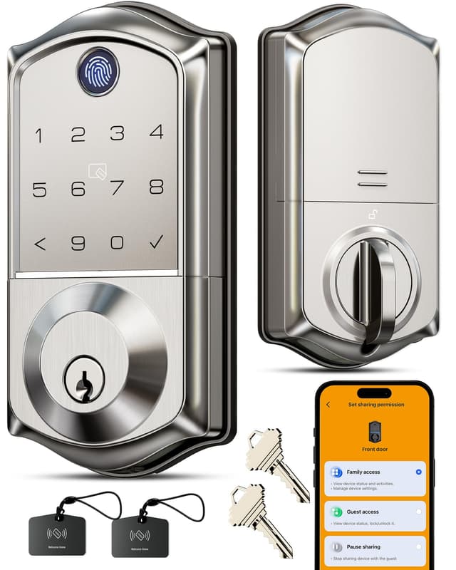 Veise VE017 Fingerprint Smart Door Lock, App Control, 8-in-1 Keyless Entry, Auto Lock, Emergency Power Port, Electronic Touchscreen Keypad, Biometric Smart Locks for Front Door, Satin Nickel