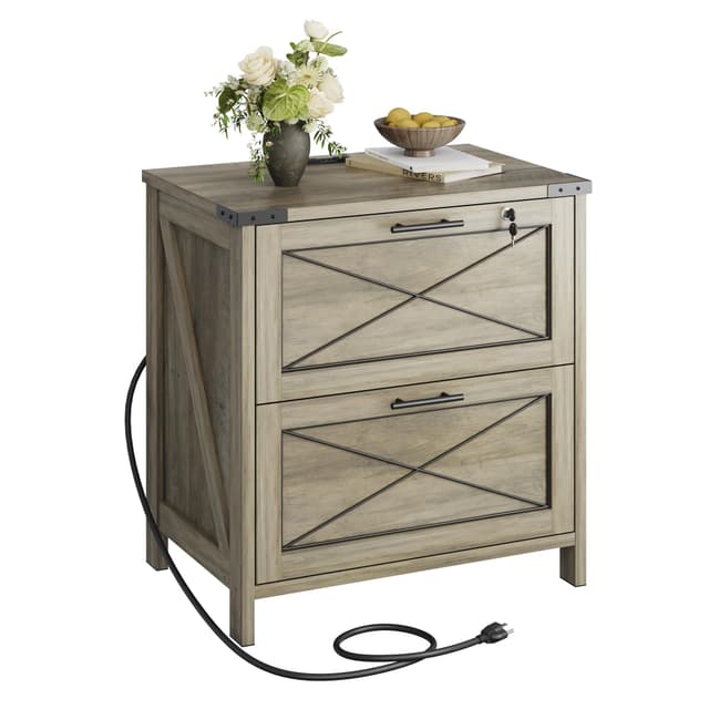 DEVAISE Lateral File Cabinet with Lock, 2 Drawers & Charging Station, Farmhouse Wood Printer Stand with Large Storage, Fits A4/Letter/Legal Hanging Files, Gray Oak