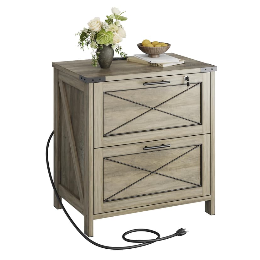 DEVAISE Lateral File Cabinet with Lock, 2 Drawers & Charging Station, Farmhouse Wood Printer Stand with Large Storage, Fits A4/Letter/Legal Hanging Files, Gray Oak