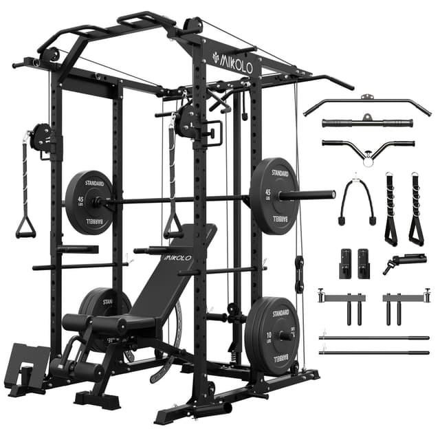 Mikolo K6 Power Cage, Power Rack with Cable Crossover System, Home Gym Packages with Weight Bench, Olympic Barbell, 230b Rubber Weight Set-Black