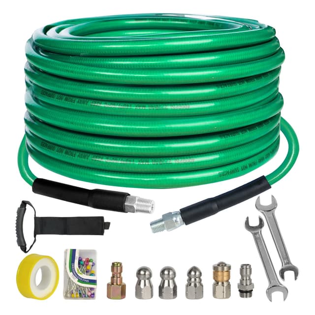 Hourleey Sewer Jetter Kit for Pressure Washer 50FT, 4000 PSI Drain Cleaner Hose 1/4 Inch NPT, Corner Rotating and Button Hose Sewer Jetting Nozzle Pearl Corsage Pin Tape Handle Strap Spanner, Green