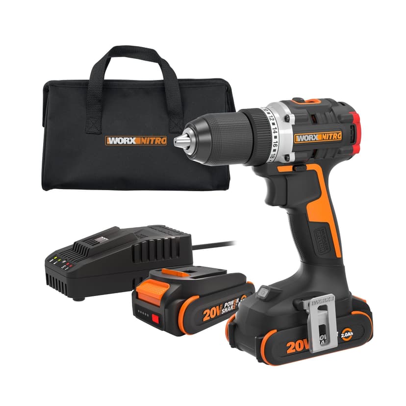 Worx Nitro 20V Cordless 1/2" Drill Driver With Brushless Motor - Compact & Lightweight Set Only 6" and 3 lbs. - Power Share Compatible WX130L - Batteries & Charger Included, Black