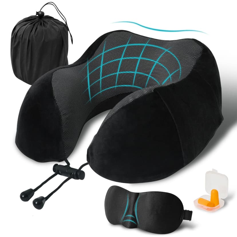 Travel Pillow, Memory Foam Neck Pillow for Traveling, U Shape Neck Pillow Airplane Portable Flight Pillow Travel Kit with 3D Contoured Eye Masks and Earplug for Plane Train Car Home Office - Black