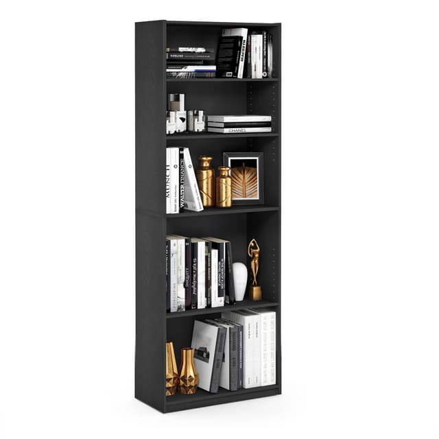 Furinno Jaya Book Shelf, 5-Tier Bookshelf, Bookcase with Adjustable Shelves, 9.5" x 24.5" x 71.2", for Organization and Storage, for Living Room, Bedroom, Home Office, Blackwood