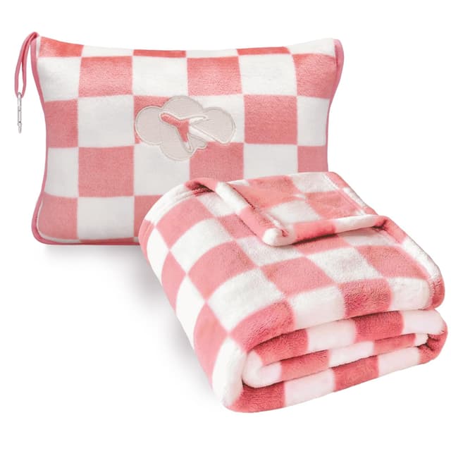 Travel Blanket and Pillow Compact, Premium Soft 2 in 1 Airplane Blanket with Soft Bag Pillowcase，Hand Luggage Sleeve and Backpack Clip (Ckeckered Pink)