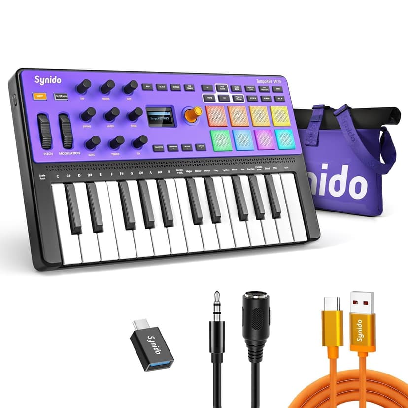 Synido Wireless 25 Keys USB MIDI Keyboard Controller Rechargeable with 8 Drum Pads, OLED Screen, MIDI In/Out/Thru, Professional BT Beat Maker Machine for Music Production, TempoKEY W25