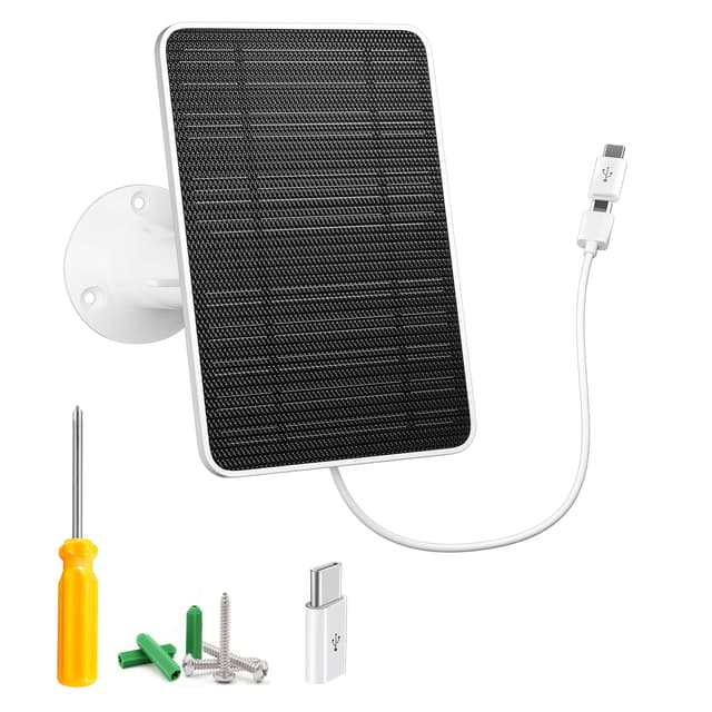Solar Panel for Security Camera, 5W USB Solar Panel for DC 5V Security Camera, Micro USB & USB-C Port Solar Panel, IP65 Waterproof Solar Charger for Camera,360° Adjustable Mounting 13ft Cable, 1 Pack